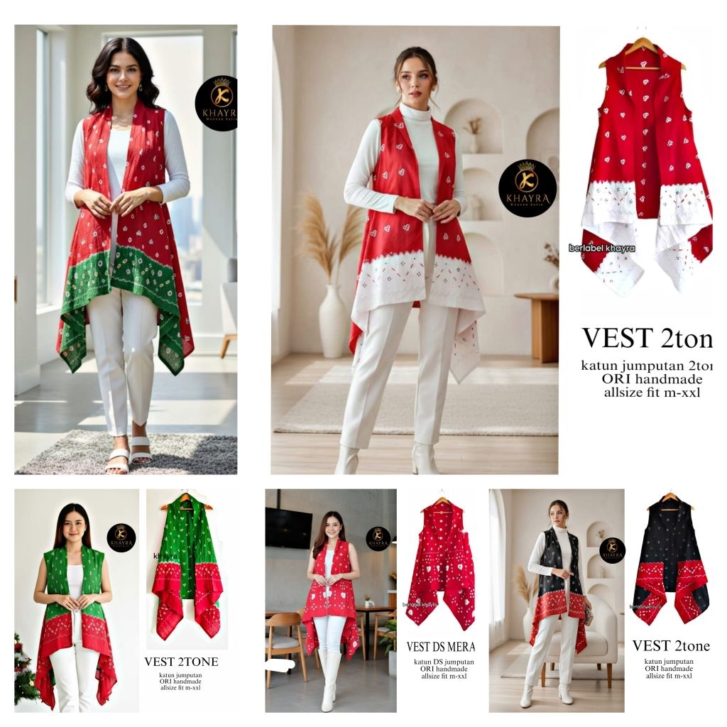 Cardigan Vest Batik Bahan Jumputan dan Katun Garutan Merah Putih