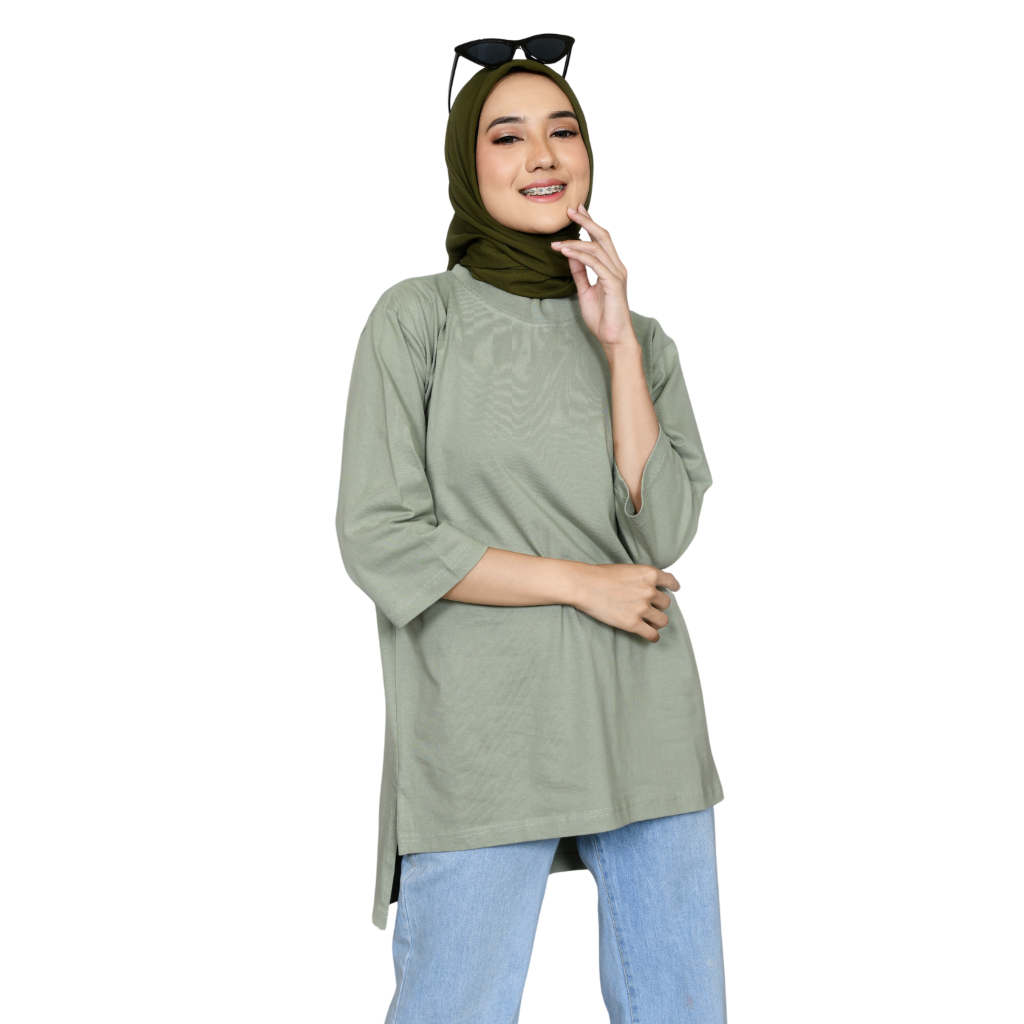 Ephipany | Atasan Wanita Kaos Tunik Sage Green Polos Oversize