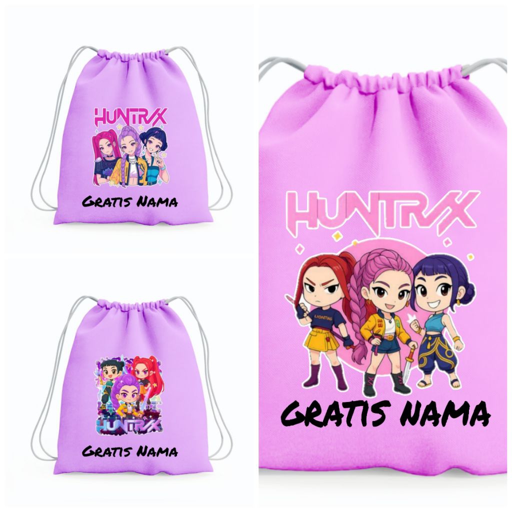 Tas Serut Huntrix Custom Nama – Tas Sekolah Anak Cewek Kekinian Warna Ungu