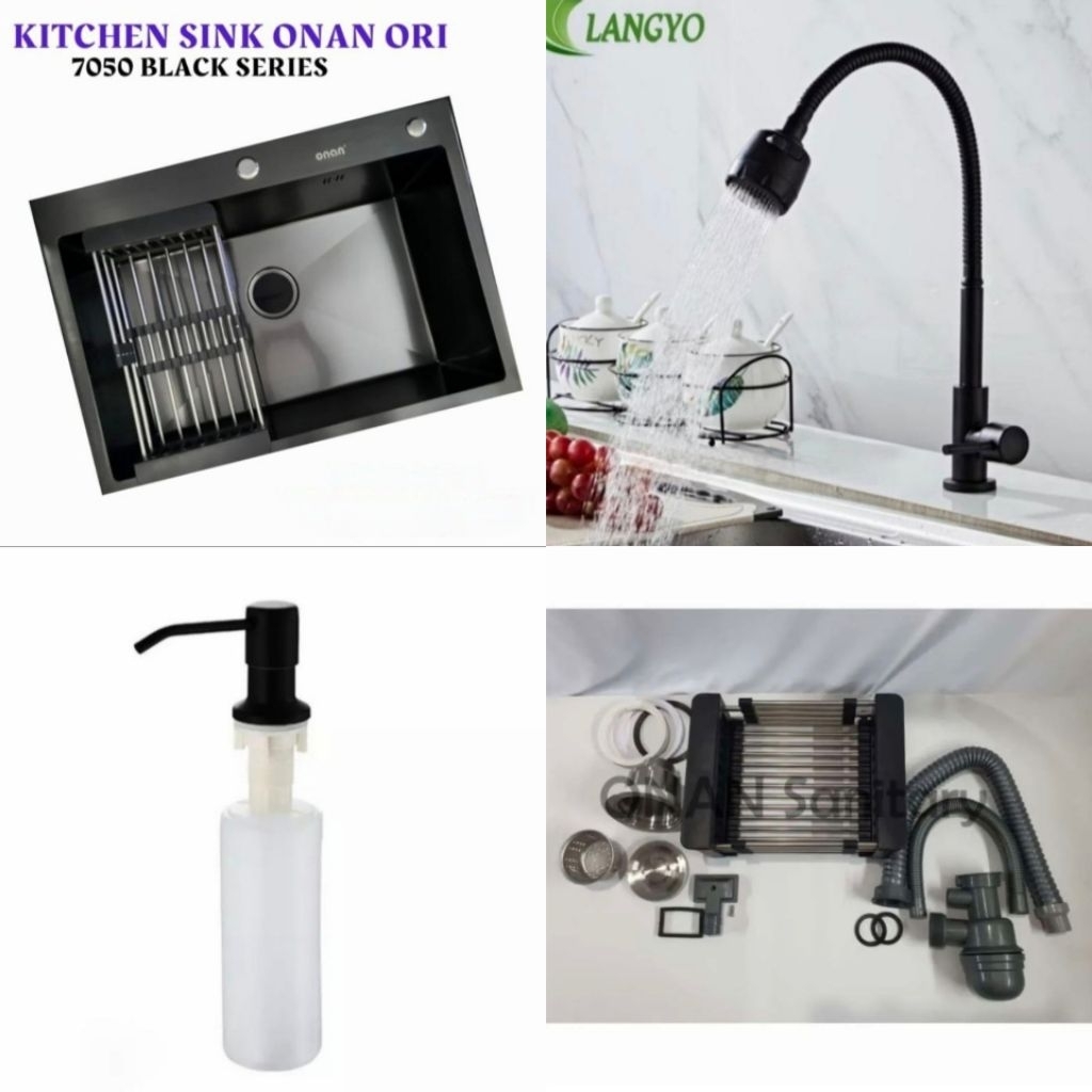Paket Lengkap Kitchen Sink Stainless ONAN 7050 HITAM BLACK ORIGINAL