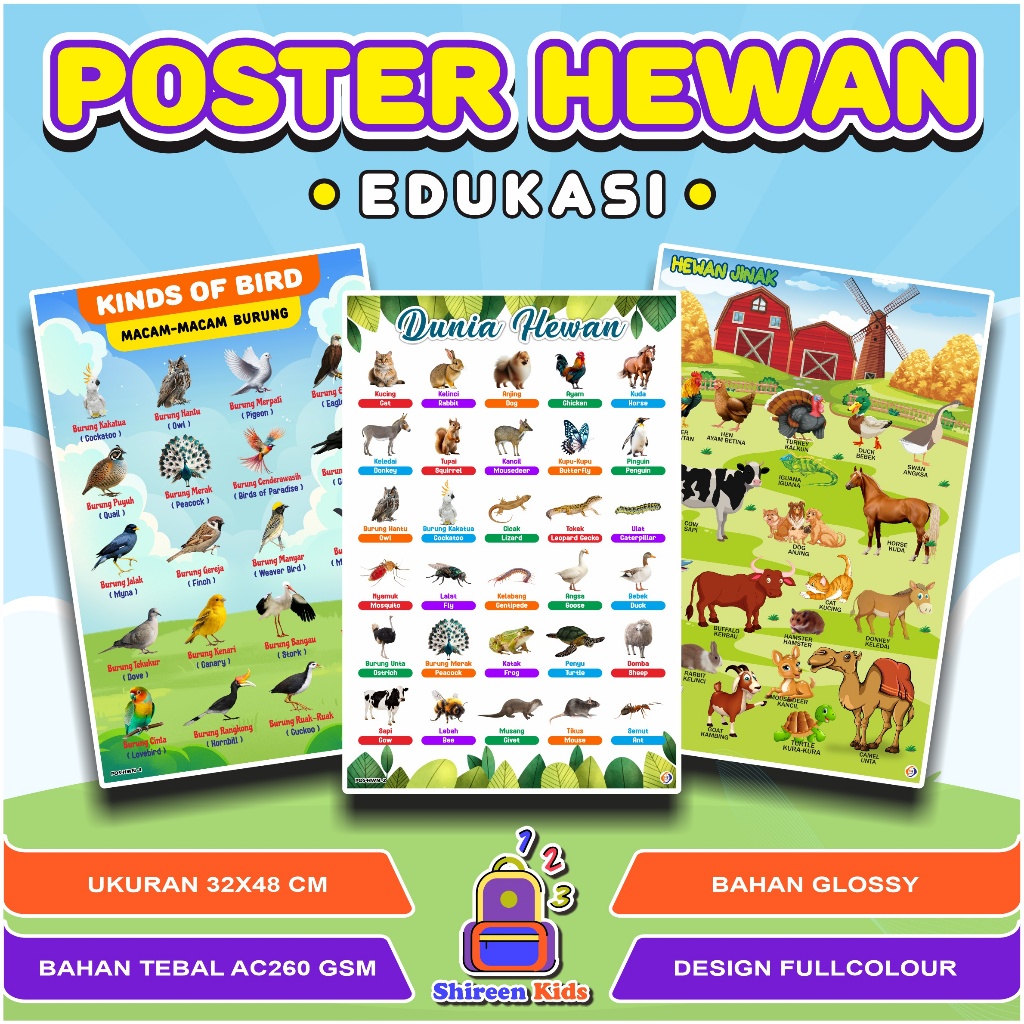 Poster Hewan Edukasi Anak Mengenal Macam Hewan Binatang Liar, Laut dan darat-Poster Binatang