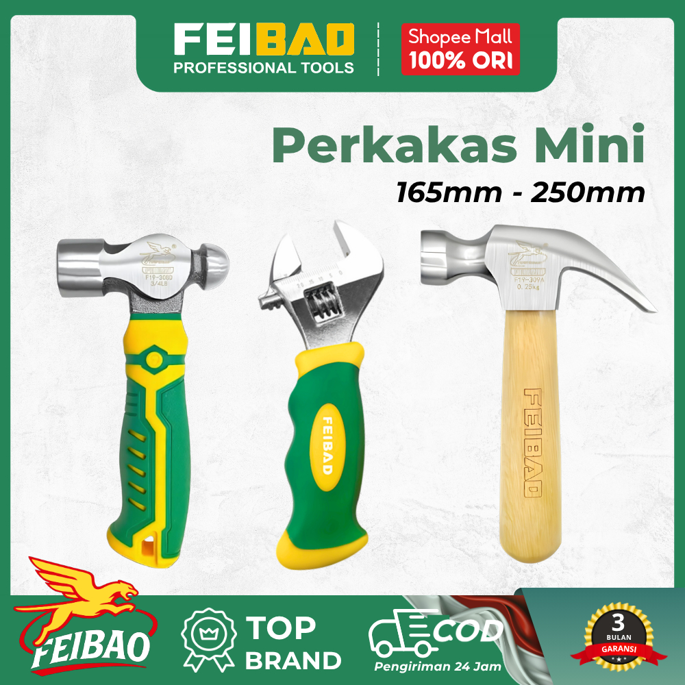 FEIBAO Palu 8oz dan Kunci Inggris Mini Gagang Kayu atau Karet Alat Tukang Serbaguna Mudah Dipakai