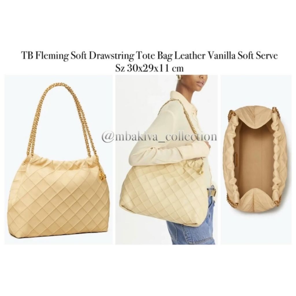 TB Fleming Soft Drawstring Tote Bag Leather Vanilla Soft Serve