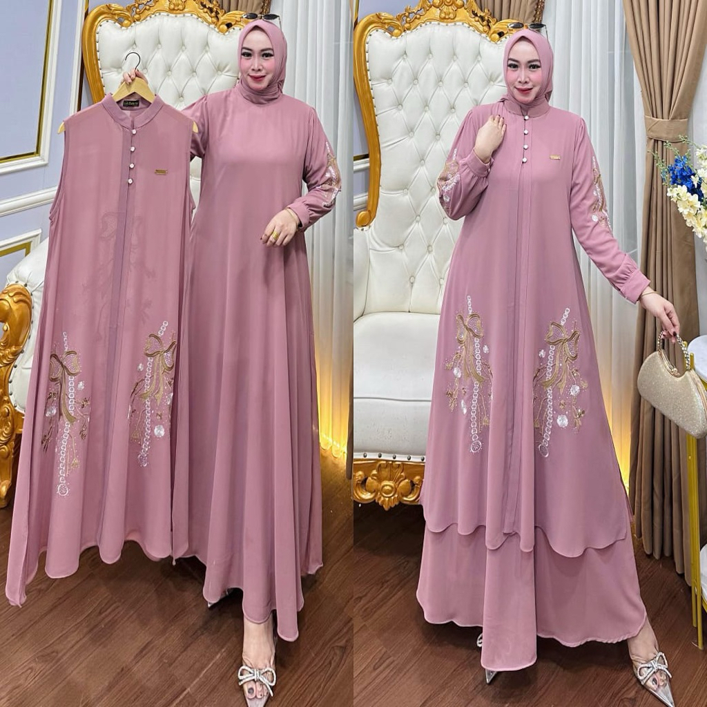 Juleashop Gamis Set Hijab Outer Dan Inner Gamis 2In1 Pesta Kombinasi Ceruti Baby Doll Motif Bordir