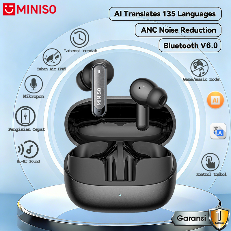 MINISO MS106 Wireless Bluetooth Earphones V6.0 TWS AI Terjemahan Headset IPX5 Waterproof HiFi Bass E