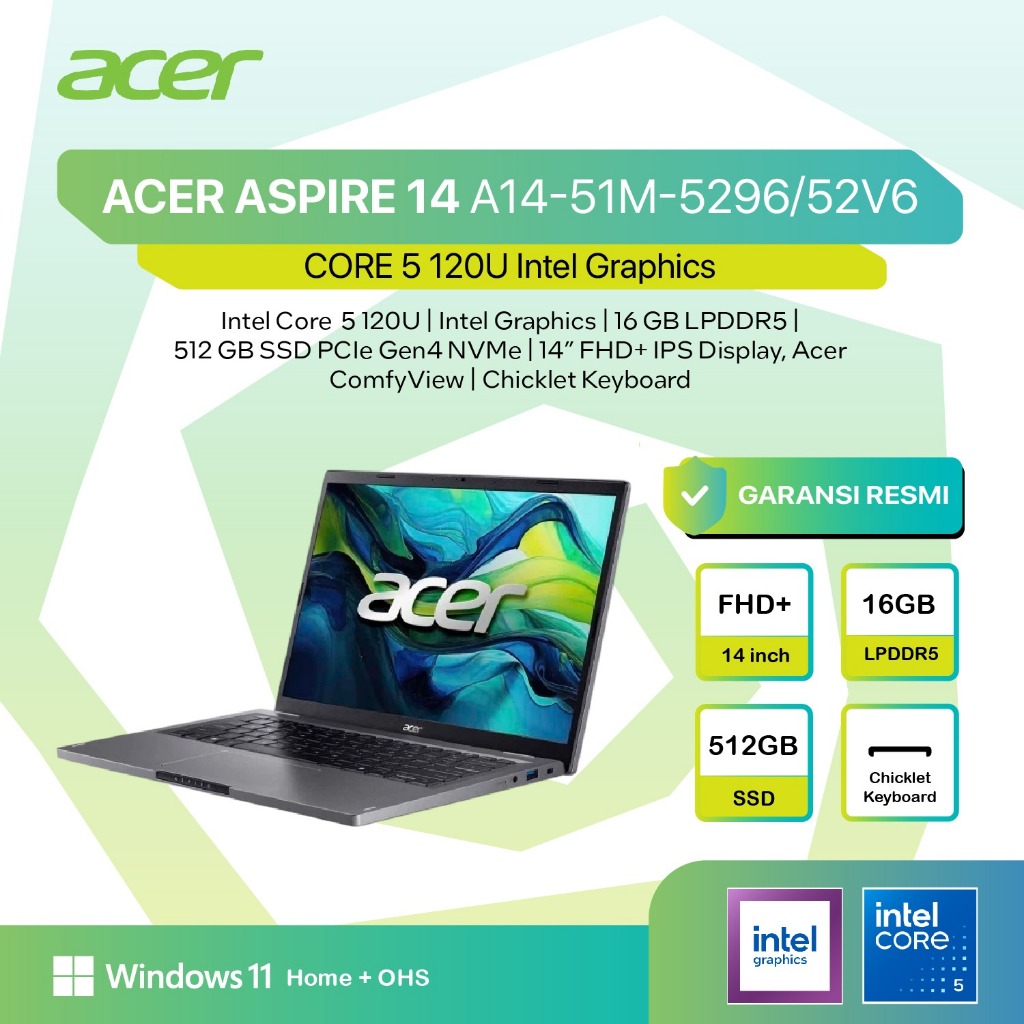 ACER ASPIRE 14 CORE I5 120U 16GB 512GB W11+OHS 14.0WUXGA IPS GRY -51M.52V6