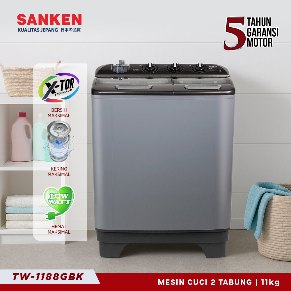 Sanken Mesin Cuci 2 Tabung 11KG  TW-1188GBK Premium Chrome Handle