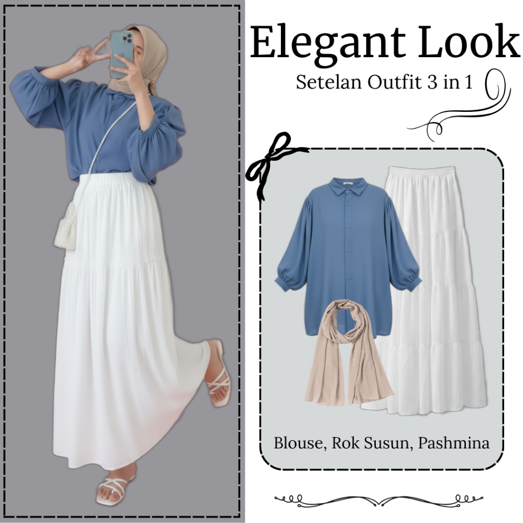 Setelan Remaja Perempuan (  Blouse Polos, Rok Susun, Hijab Pashmina ) one set ootd hijab