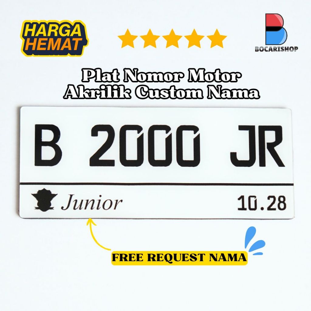 BOCARISHOP PLAT NOMOR CUSTOM NAMA UNTUK MOTOR UKURAN STANDARD WARNA PUTIH CAT