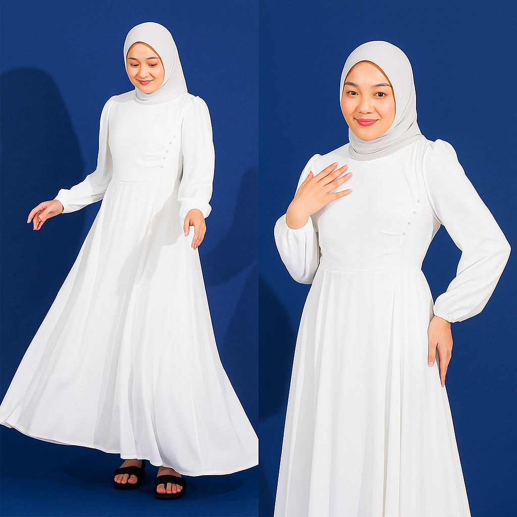 Naomi Dress Pure White V1 / Dress Rempel / Dress kondangan / Dress Ceruty Polos Hiasan Mutiara Putih