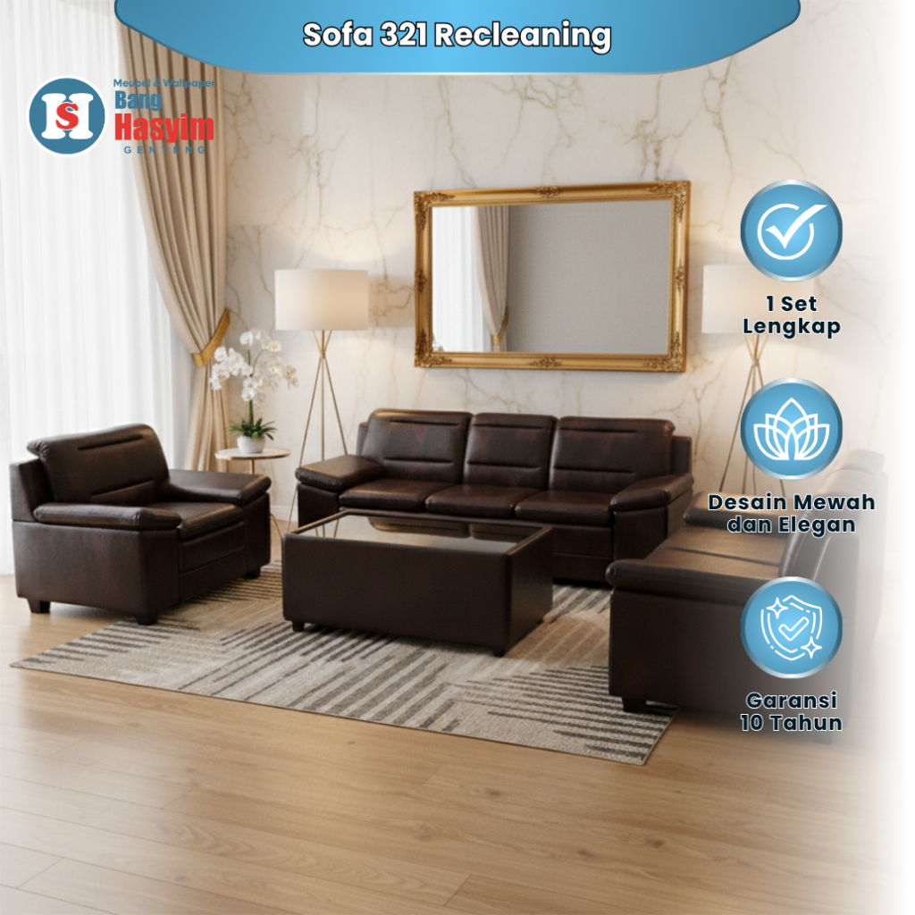 BANG HASYIM Sofa 321 Recleaning Set Lengkap Kayu Jati Oscar Meja Kaca Merah Maroon Ruang Tamu Hotel 