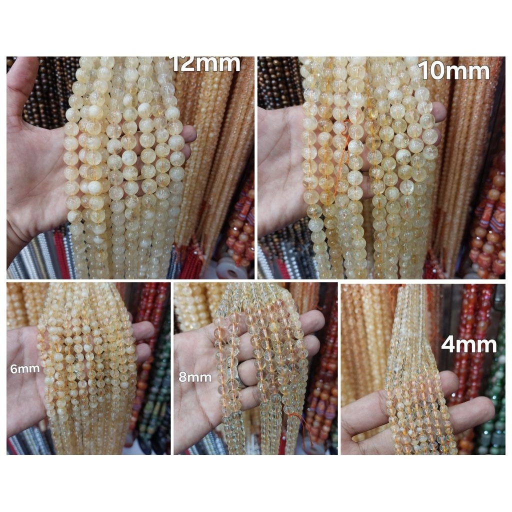 Bahan 1 String Butiran Batu Citrine Quartz Asli 4mm 6mm 8mm 10mm 12mm - Stone Citrine original