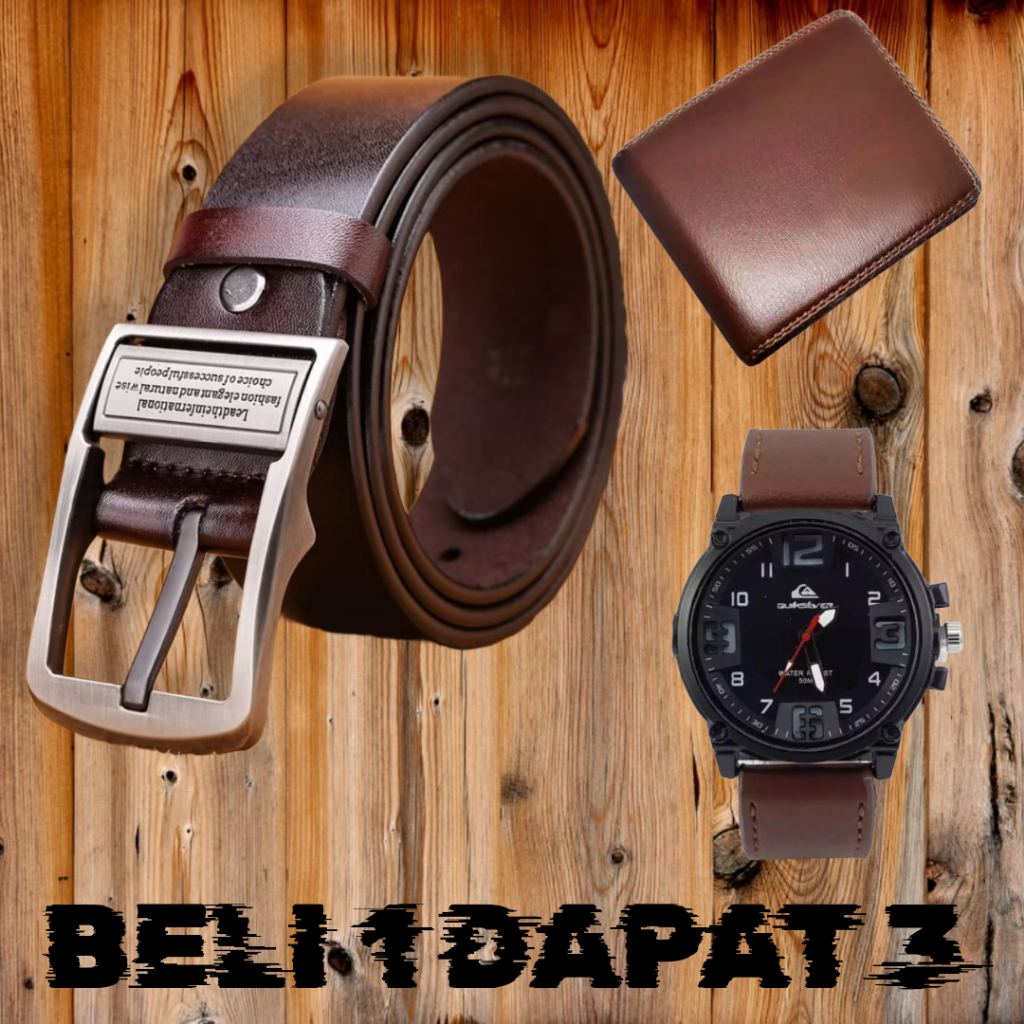 NEW PROMO BEST sabuk kulit asli 2 lapisan BUY 1 GET 3 FREE DOMPET DAN JAM TANGAN termurah ikat Pingg
