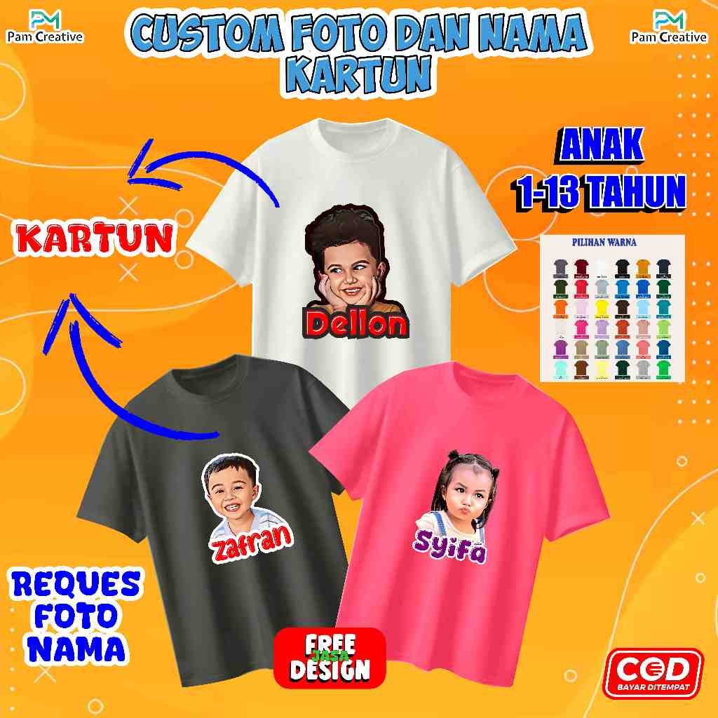 KAOS ANAK CUSTOM FOTO DAN NAMA KARTUN SABLON KAOS ANAK FOTO DAN NAMA