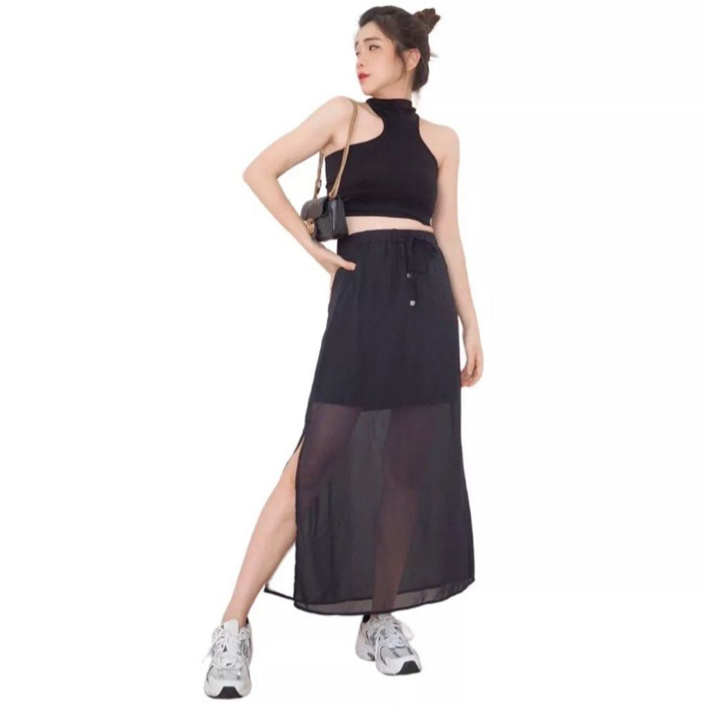 Rok Panjang Long Skirt Tipis Transparan Uniqlo Hitam