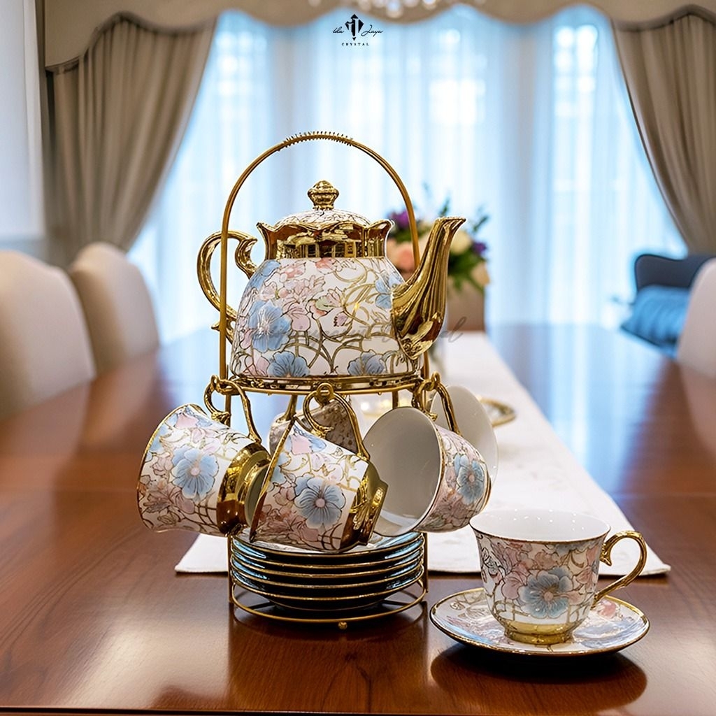 Set Cangkir Teko Sultan Mewah | Gelas Teh Keramik European Style | Tea Set Bunga Gold Elegan | Kado 