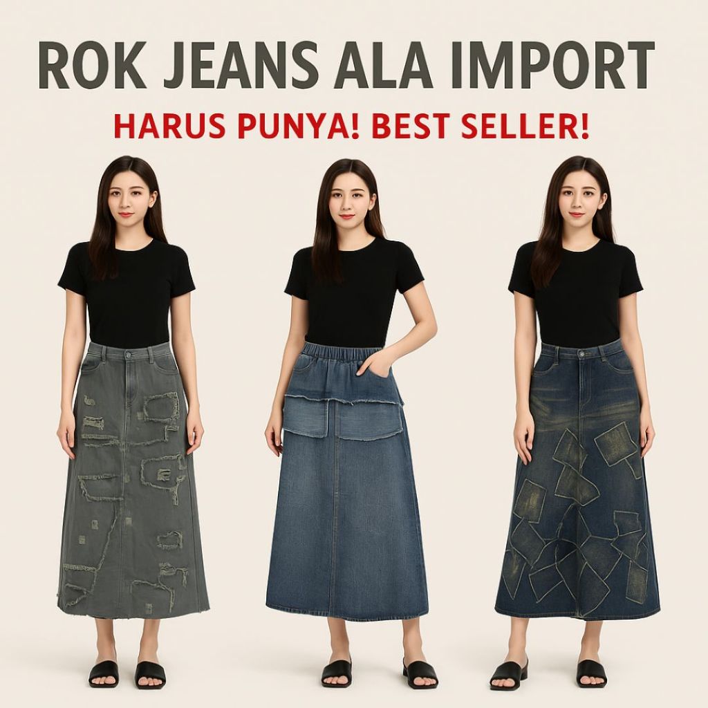 Rok Jeans Import Wanita Premium | Rok Denim Washed Kantong | Rok Sobek Tidak Tembus | Rok Panjang Fu