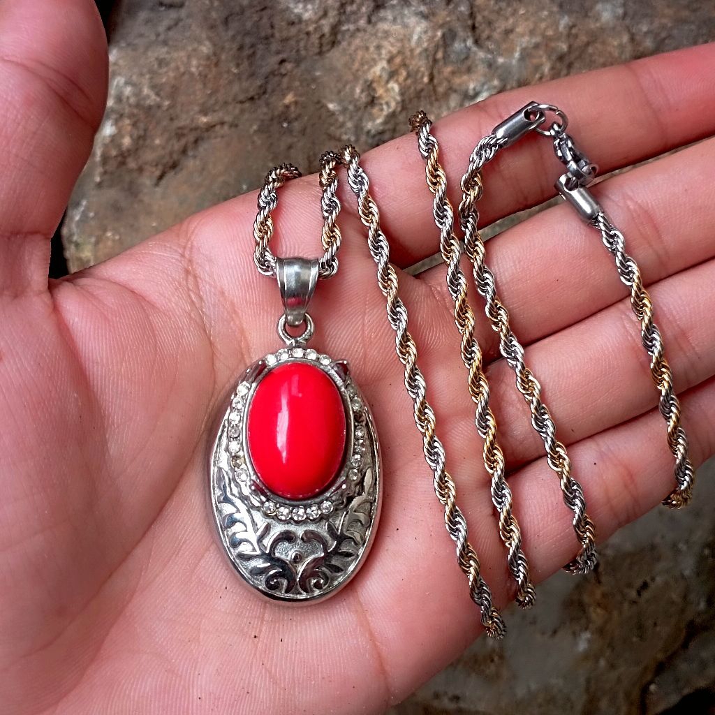 Liontin Kalung Batu Merah Red Coral Marjan Asli Lengkap