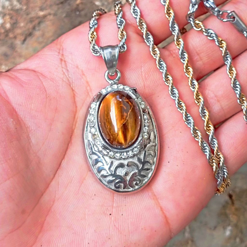 Liontin Kalung Batu Lodaya tiger eye Cuting Lengkap