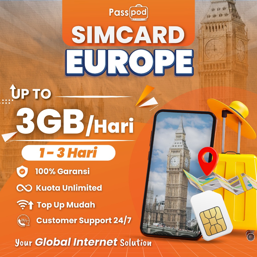 Passpod Sim Card Europe/Eropa Paket Data Luar Negeri 1 - 3 Days Up To 3GB