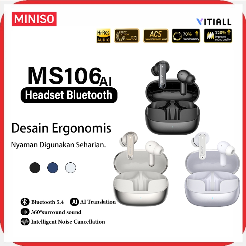 MINISO MS106 AI Translator Bluetooth Earphone  TWS Headset In‑Ear Bluetooth 6.0 IPX5 Waterproof HiFi