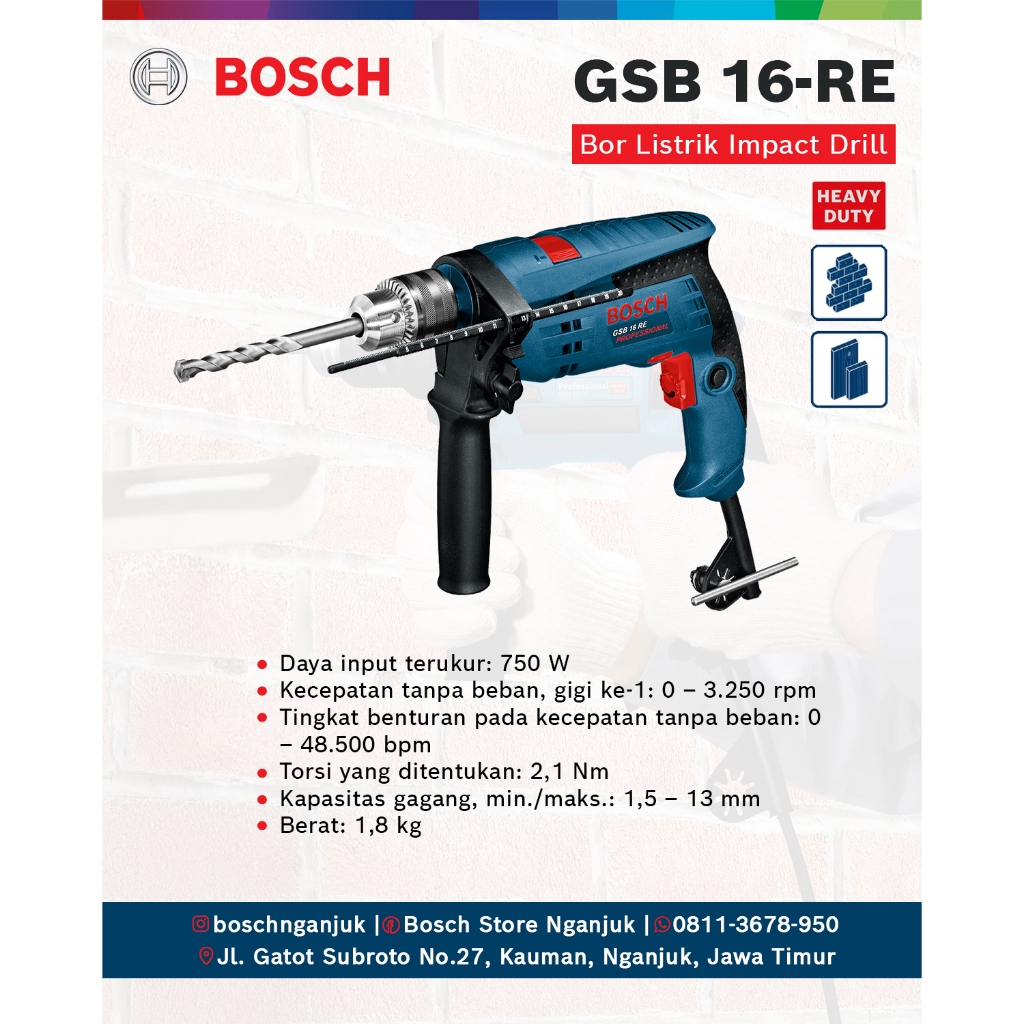 Bosch Bor Impact GSB 16 RE Professional 750W – Bor Listrik Tembok, Kayu, Besi Original Bosch