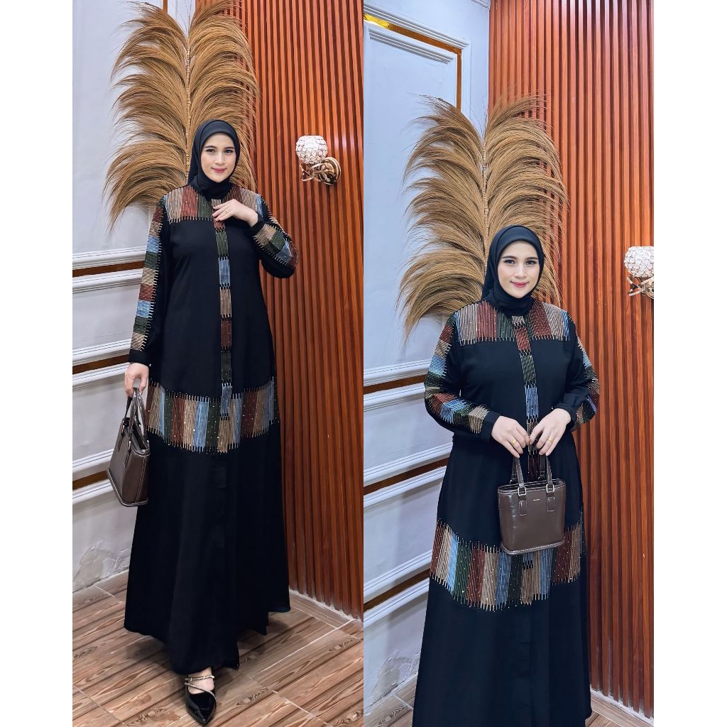 GAMIS ABAYA TURKEY BORDIR PELANGI KELILING JETBLACK