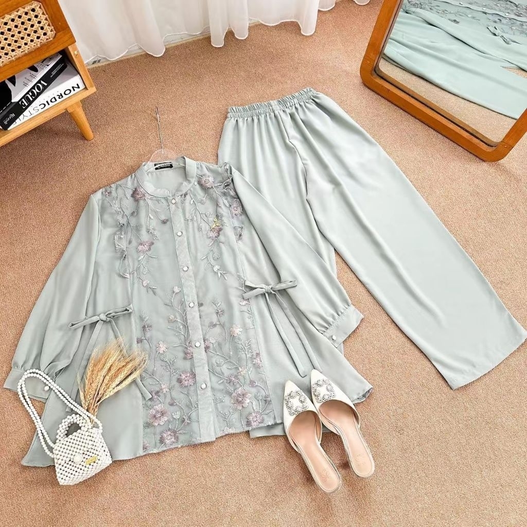 Asofa Tamara Setelan Tunik Aksen Tille Mix Celana Kulot