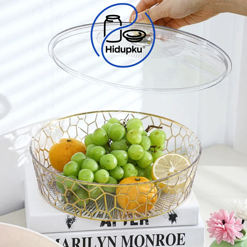 Piring Bundar Putih Emas Transparan Tutup