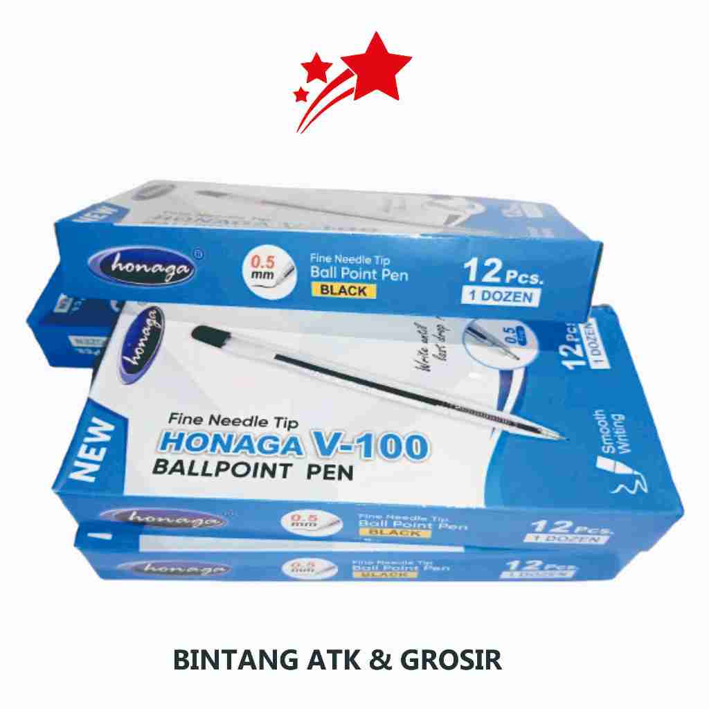 (1 PACK=12 PCS) Bulpen HONAGA/ Bulpen Honaga V-100/ Bulpen Honaga hitam/ Bulpen Murah