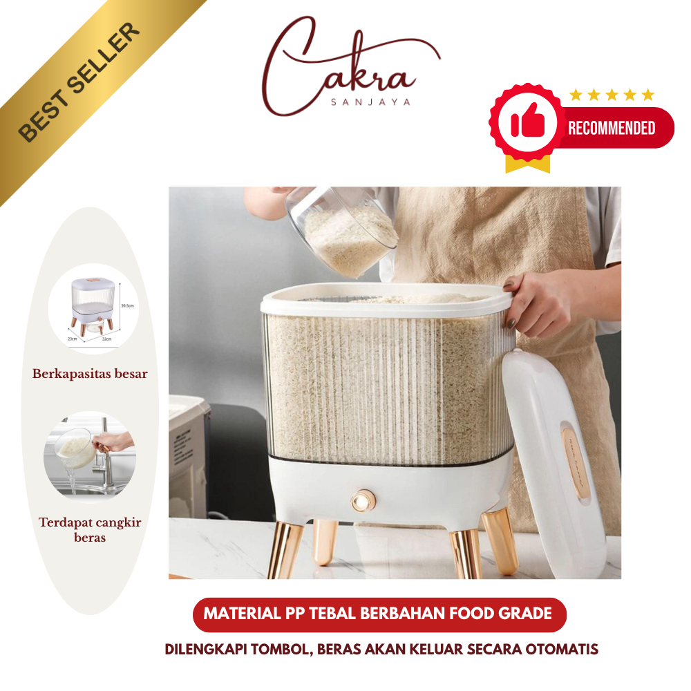 CAKRA Dispenser Beras 10 Liter Aestetic Tempat Penyimpanan Beras Rice Box Dispencer Dengan Takaran 1