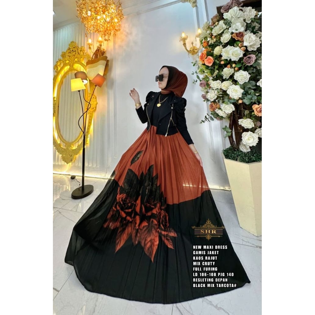 maxi dress gamis rompi kaos rajut mix ceruty ori SHR