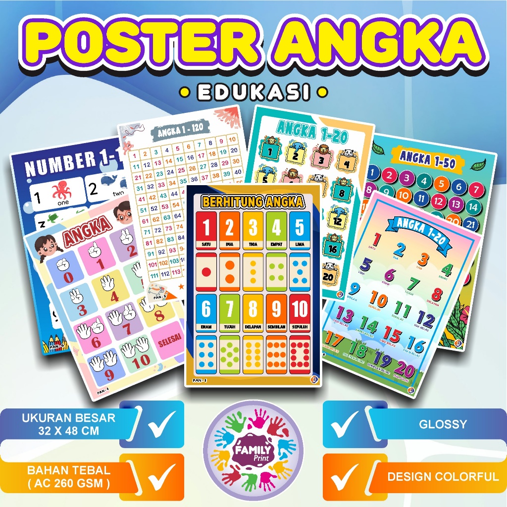 Poster Angka 1 Sampai 100 - Poster Belajar Anak Angka 1 s/d 100 - POSTER EDUKASI ANAK