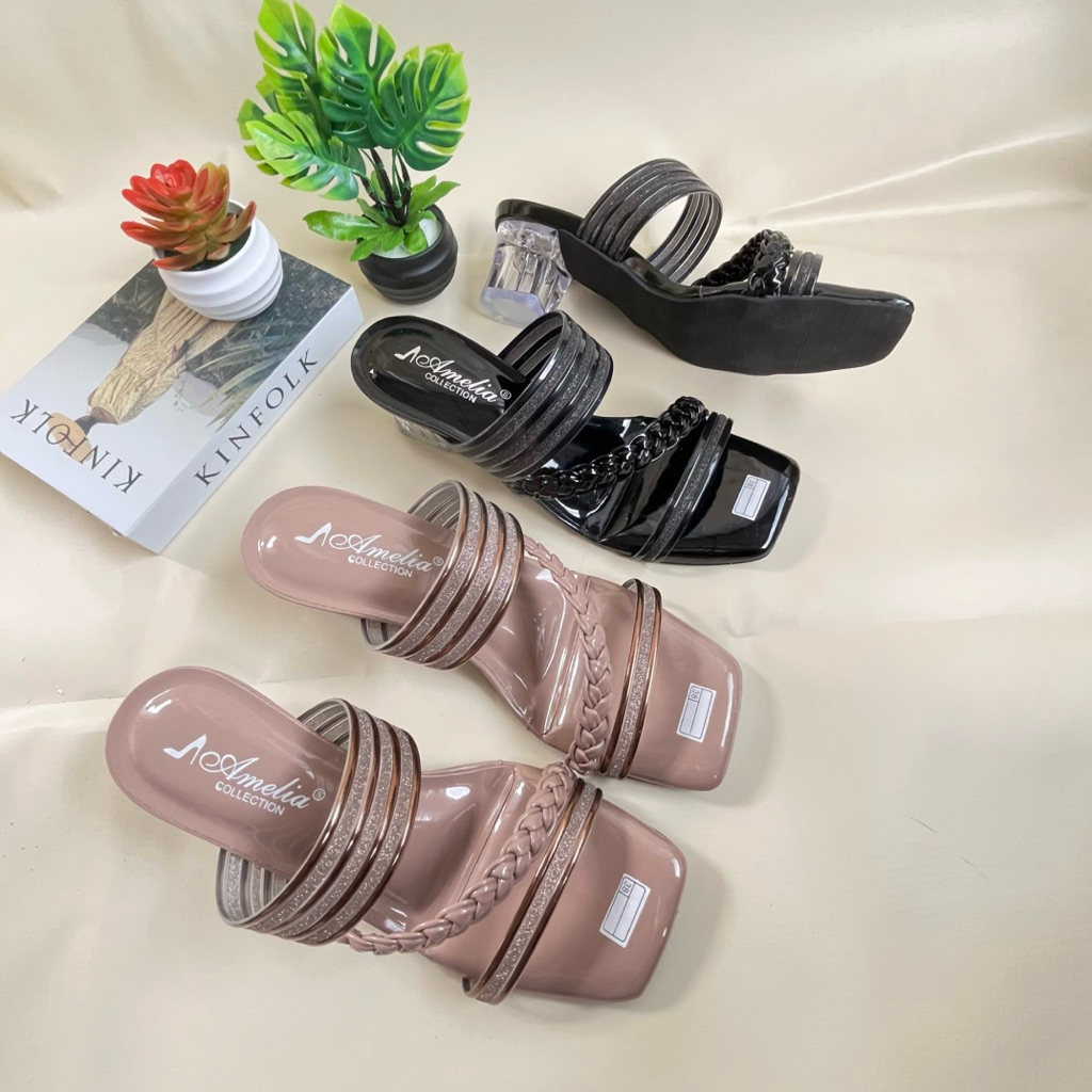 RANIA- Sandal ANDIN Hak Kaca 5cm Kepang Gliter Sandal Heels Wanita
