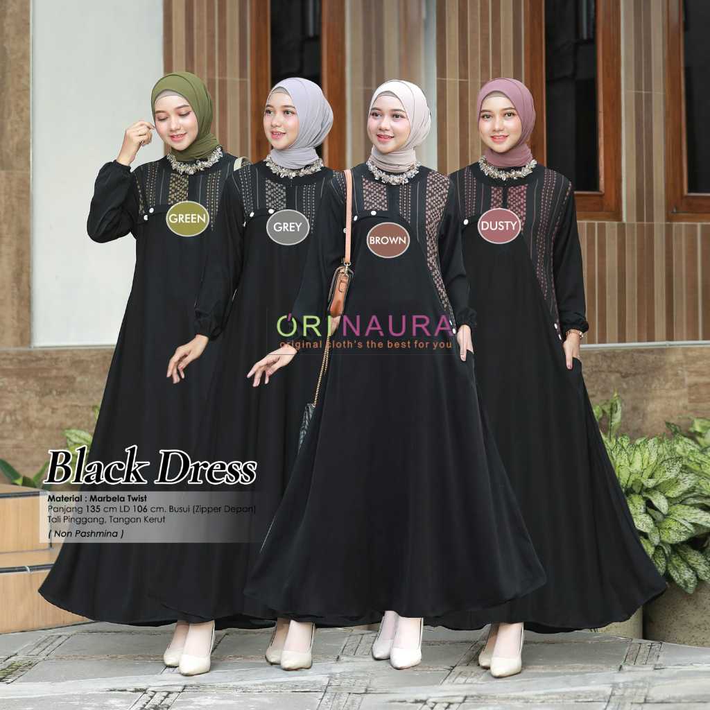 Gamis Muslimah Black Dress Premium ORINAURA | Gamis Remaja Dewasa Bahan Marbela Twist | Dress Kerut 