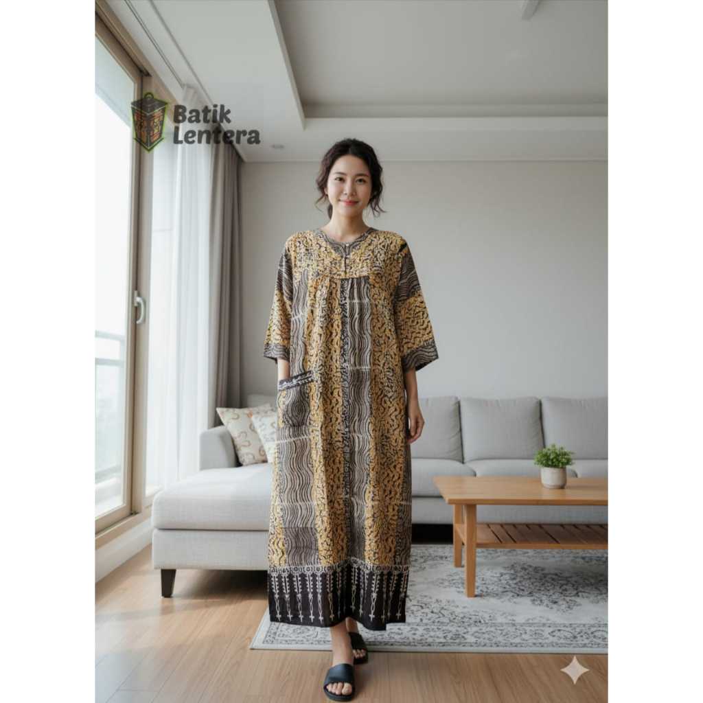 Baju Tidur Longdress Daster Panjang Semata Kaki Tangan 3/4 Busui Kancing Motif Koran Rayon Premium C