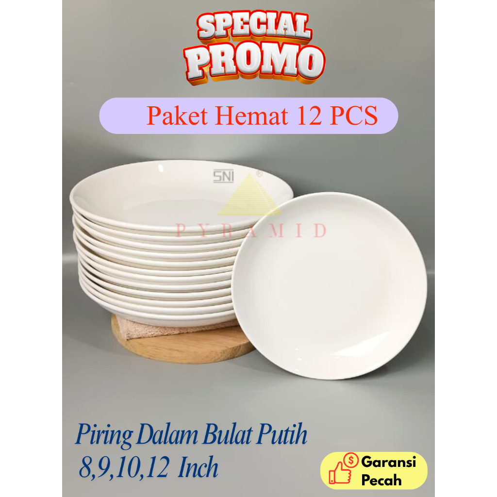 [12 PCS] PYRAMID I PIRING DALAM BULAT PUTIH POLOS I harga lusinan piring keramik