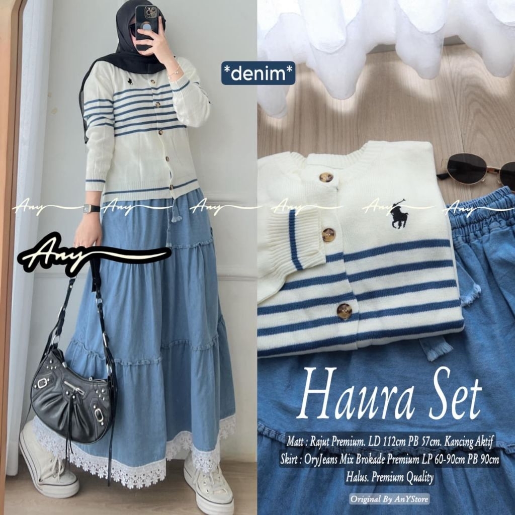 riva grisia Kiva set rok rajut mix rok jeans import by any, Setelan rok wanita