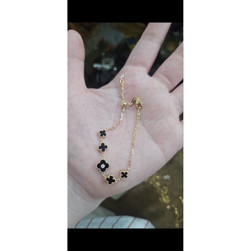 gelang serut clover hitam emas asli 700 70% 16k adjustable 3 gram