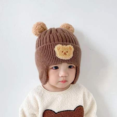 Topi Rajut Bayi Lucu - Topi bayi Kuping Boneka Bear Pom Pom Hangat Musim Dingin Perempuan Laki-Laki