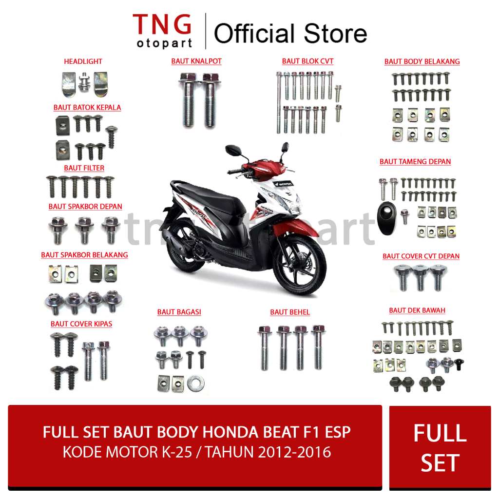 Baut Full Set Beat F1 ESP 2012-2016 / Baut Full Body Honda Beat ESP K-25 Tahun 2012-2016