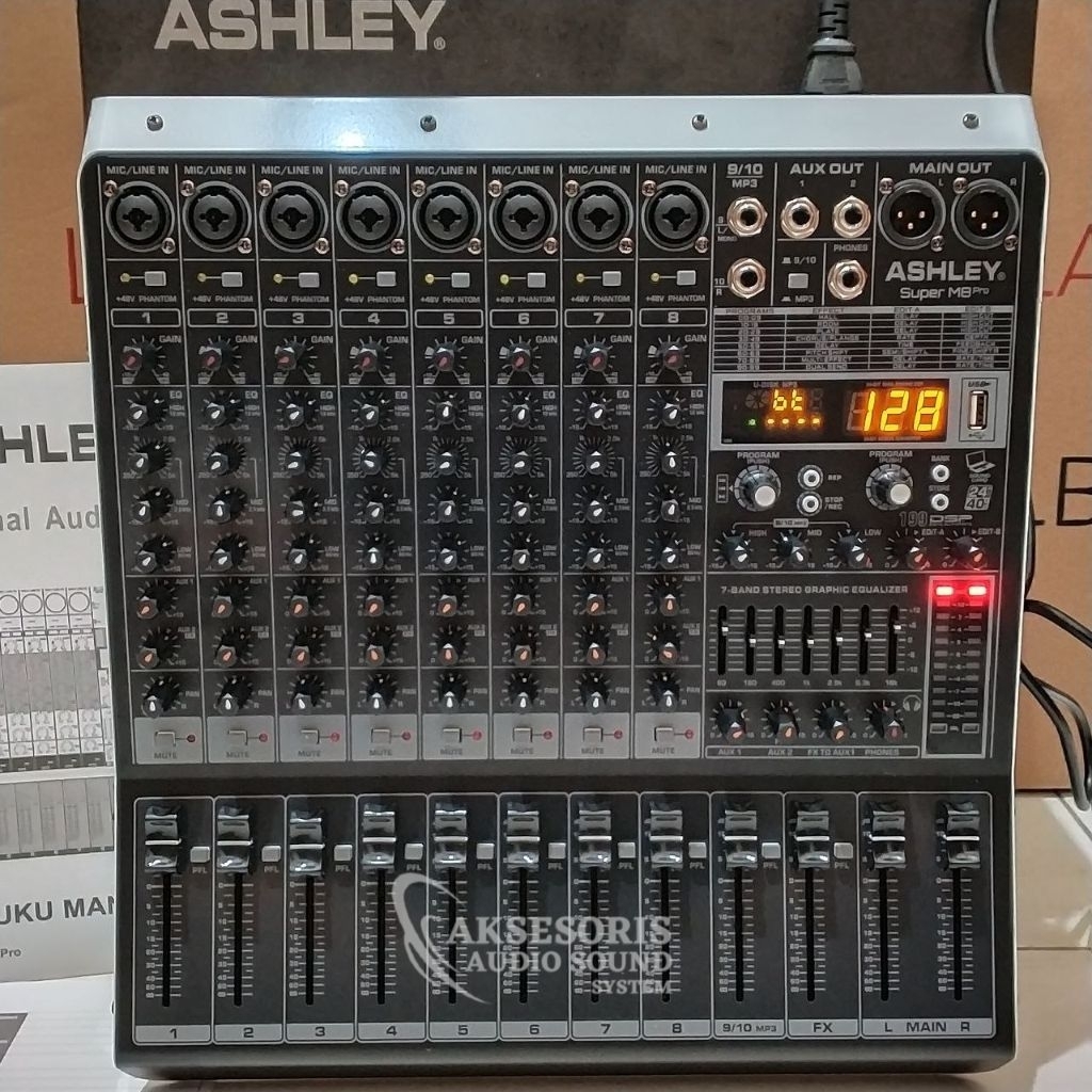 Mixer ASHLEY Super M8 Pro 8 Chanel Efek Digital Reverb Edit A, B Original Produk