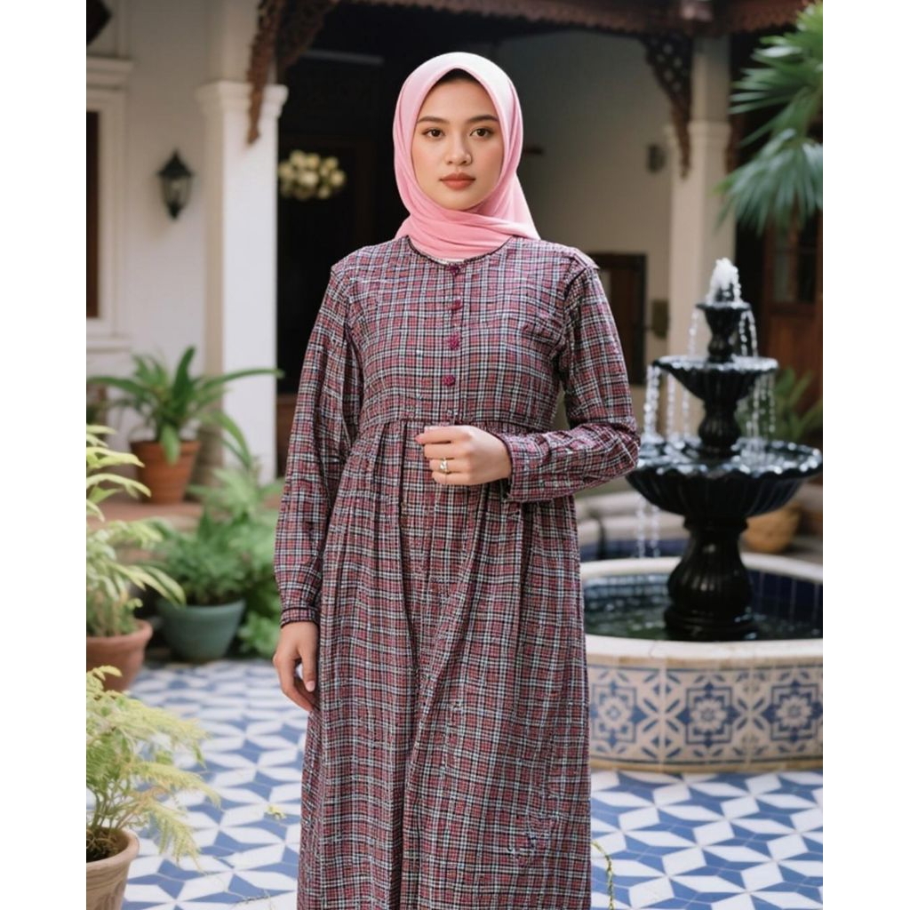 Midi Dres Wanita Kotak Kotak Bahan Katun / Flanel Premium