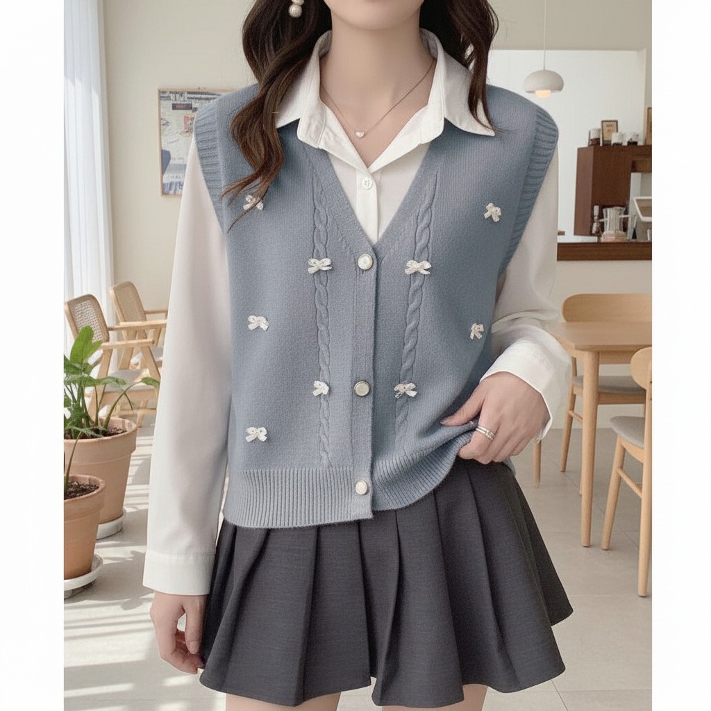 GS - Vest Rajut + Kemeja 1 set | Atasan Rajut Baju Wanita Knitwear Lucu Pita Pita Vest Rajut Korea o