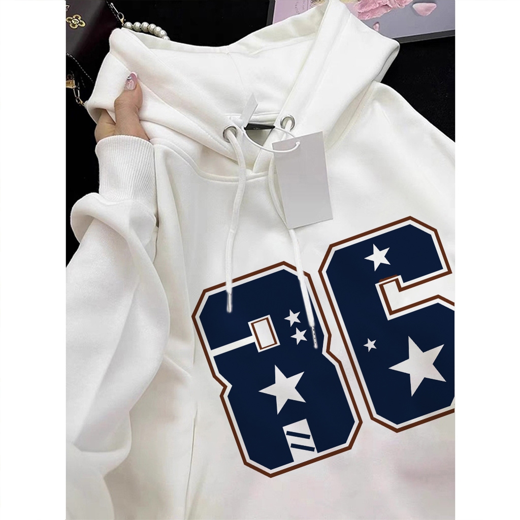 XZHAINV Hoodie lengan panjang wanita Korea dengan pola cetak angka 86/Sweater Korea Lengan Panjang/S