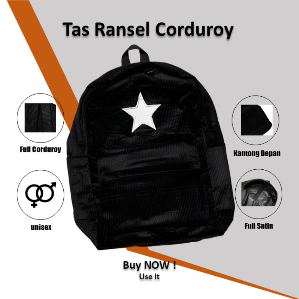 Voxa tas backpack corduroy bintang / tas ransel sekolah hitam corduroy