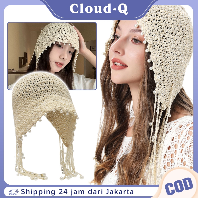 Topi Rajut Buatan Wanita Topi Bunga Rumbai Rajutan Liontin Mutiara Topi Pullover Gaya Etnik Berongga