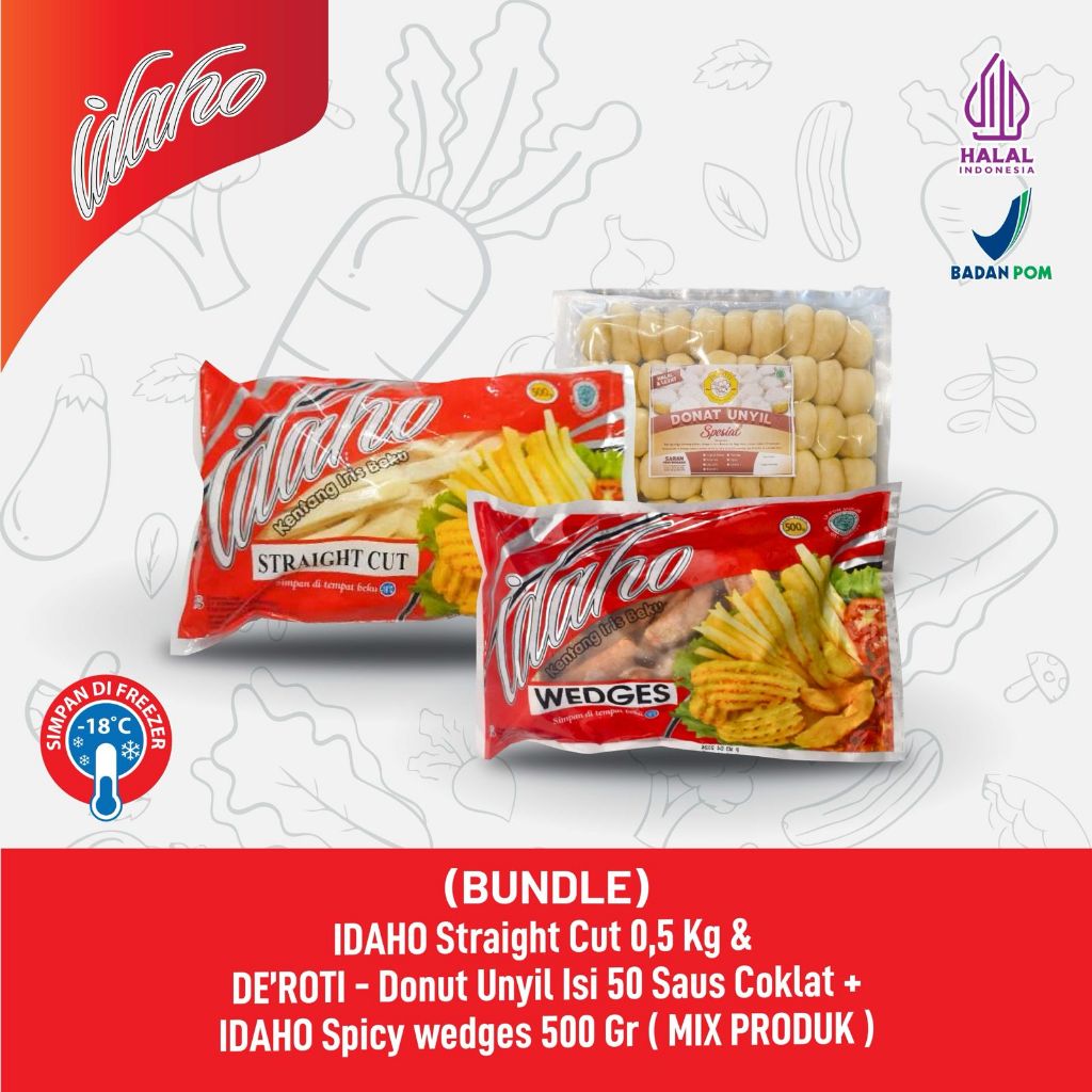 [BUNDLE] IDAHO Straight Cut 0,5 Kg & DE ROTI  - DONAT UNYIL ISI 50 SAUS COKLAT + IDAHO Spicy wedges 