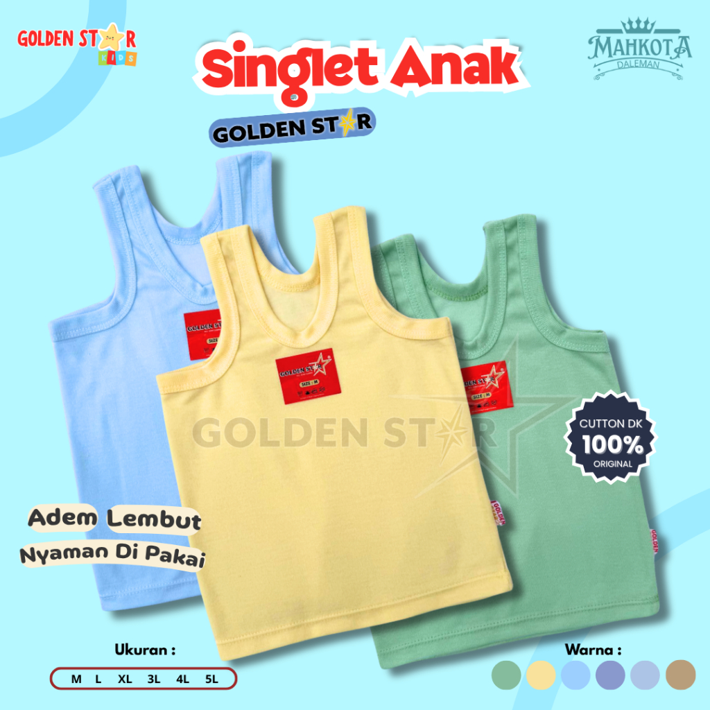1 LUSIN /6 PCS KAOS DALAM ANAK GOLDEN STAR WARNA / SINGLET ANAK LAKI LAKI USIA TANGGUNG POLOS WARNA 