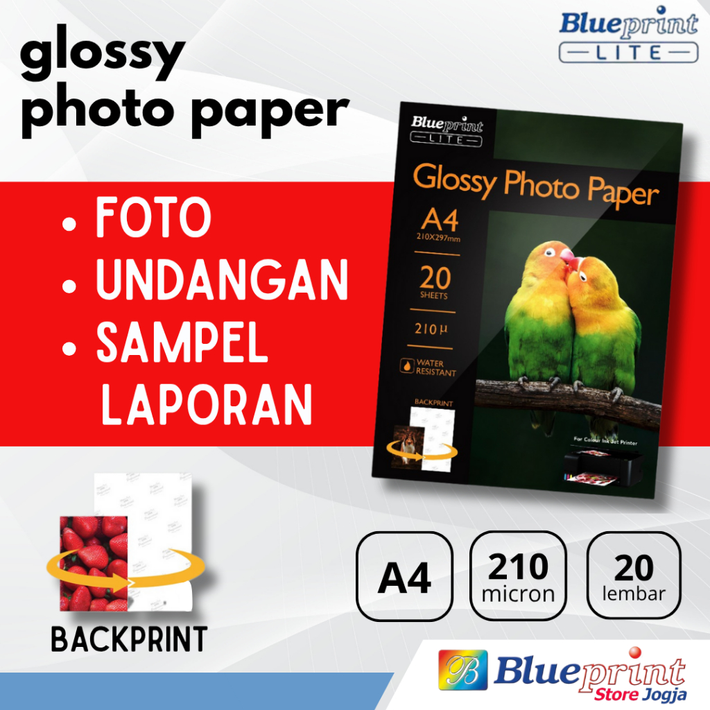 Kertas Foto Glossy Photo Paper BLUEPRINT Lite A4 10R 190 gsm / 210 um - Watermark Backprint
